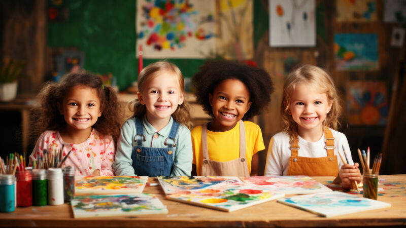 Children painting in art class.